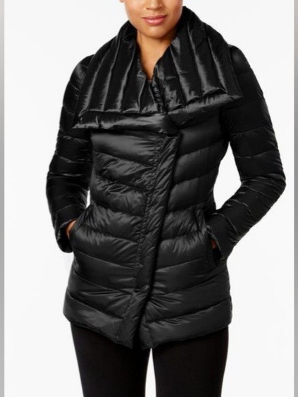 T Tahari Black Lightweight Down Filled OversizedCollar Quilted Asymmetric Jacket